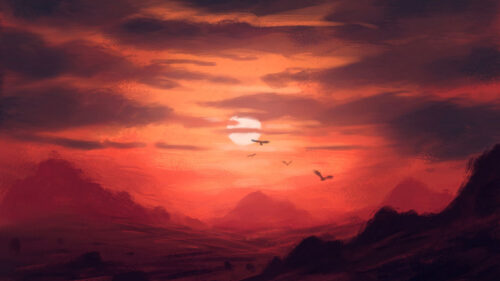 Sunset, Mountains, Birds HD Wallpapers Free Download