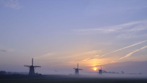 Sunset, Windmills, Fog Wallpapers Free Download