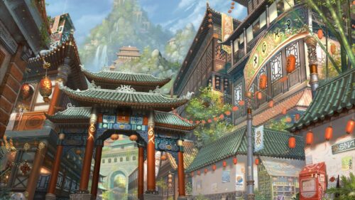 Art, Asia, Building, Mountain, Bamboo, Lights, Waterfalls, City HD Wallpapers Free Download
