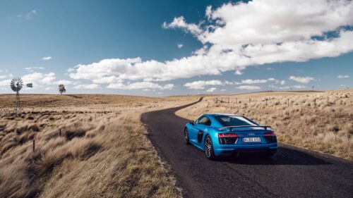 Audi, R8, V10, Side, View, Blue, Road, Grass HD Wallpapers Free Download