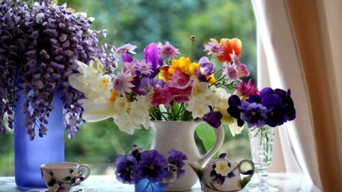 Bouquet, Window, Sill, Kettle HD Wallpapers Download