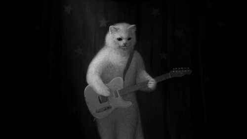 Cat, Guitar, Bw Wallpapers Free Download