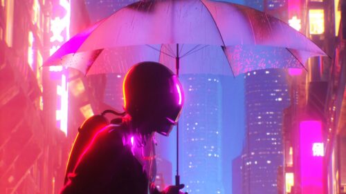 Cyborg, Umbrella, Neon Free Wallpapers Download