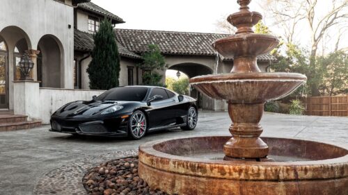 Ferrari, F430, Black, Side, View, Fountain Desktop Wallpapers Free Download