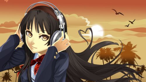 Girl, Brunette, Headphones, Music, Sunset, Birds HD Wallpapers