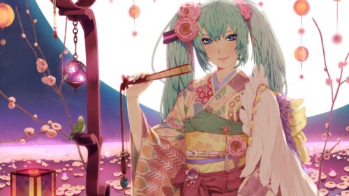 Girl, Kimono, Fan, Smile, Moon Free Wallpapers Download