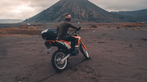 Motorcyclist, Sand, Volcano Download Free HD Wallpapers