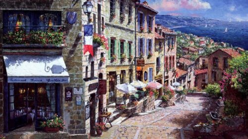 Painting, France, Town, Street, Sea Wallpapers Download For Your Device