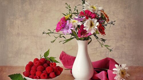 Raspberries, Vase, Flowers HD Wallpapers Free Download