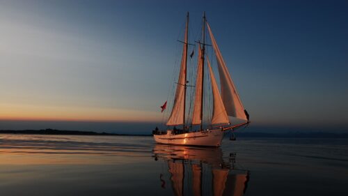 Sea, Evening, Yacht, Reflections Wallpapers Free Download