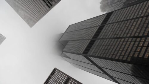 Skyscrapers, Fog, Black and White 4K Desktop Wallpapers Free Download