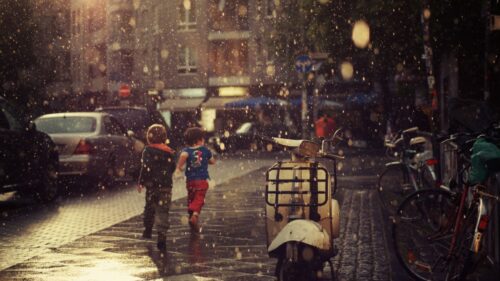 Street, Children, Running, Rain Wallpapers Free Download