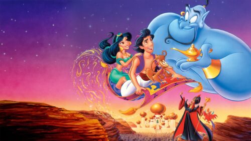 Magical Aladdin and Jasmine Flying on Magic Carpet Above Agrabah 4K Desktop Wallpaper