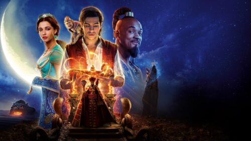 Magical Aladdin and Jasmine Flying on Magic Carpet over Agrabah at Sunset 4K Desktop Wallpaper