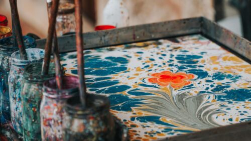 Ebru Turkish Paper Marbling Art with Vibrant Floral Design 4K Wallpaper