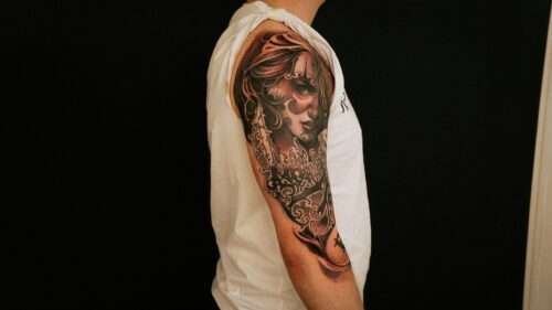 Intricate Female Portrait Tattoo Arm Art 4K Desktop Wallpaper