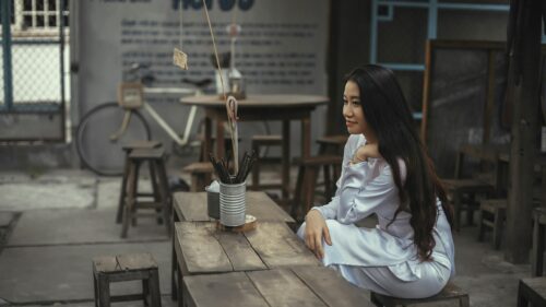 Elegant Vietnamese Lady in Traditional Ao Dai White Dress Desktop Wallpaper