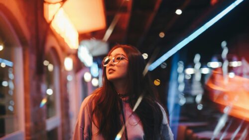 Asian Girl in Stylish Glasses Night City Neon Lights 4K Wallpaper