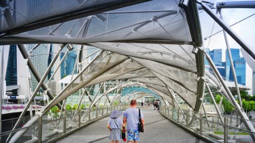 Father and Daughter Walking on The Helix Bridge Singapore Desktop Wallpaper