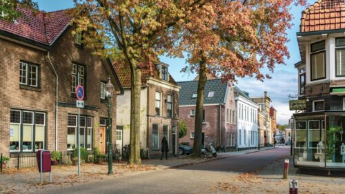 Charming Dutch Street in Autumn Sunlight Desktop Wallpaper