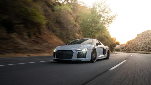 Grey Audi R8 Supercar Driving on Mountain Road 4K Wallpaper