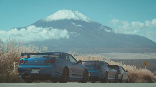 Nissan Skyline GT-R R34 Trio Near Mount Fuji 4K Wallpaper