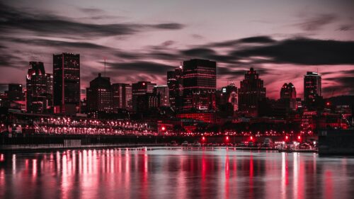 Dark Red Skyline Cityscape Night Panorama 4K Desktop Wallpaper