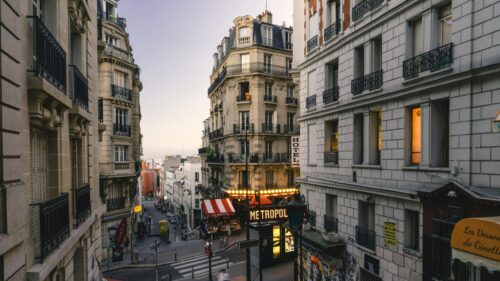 Charming Parisian Street Corner Sunset View Desktop Wallpaper