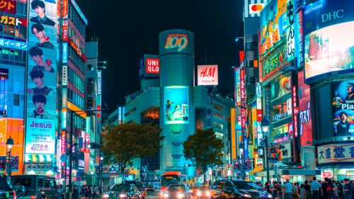Vibrant Shibuya Crossing Night Cityscape 4K Desktop Wallpaper