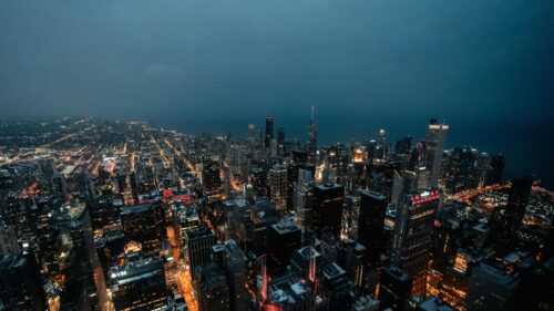 Stunning Nighttime Chicago Cityscape Aerial View 4K Wallpaper