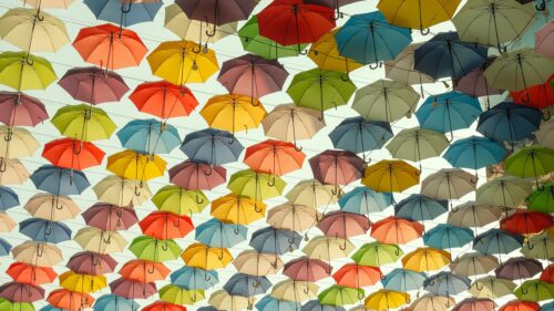 Vibrant Hanging Colorful Umbrellas Street Art 4K Desktop Wallpaper