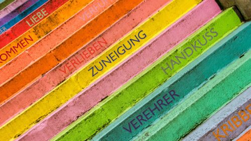 Colorful Stairs with Romantic German Words 4K Desktop Wallpaper
