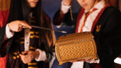 Harry Potter Cosplay Magic Wand and Golden Chest 4K Wallpaper