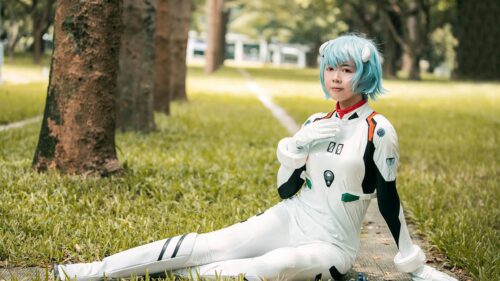Rei Ayanami Evangelion Cosplay in Park 4K Desktop Wallpaper