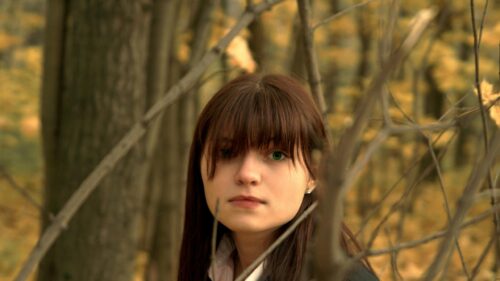 Mysterious Woman in Autumn Forest Portrait Desktop Wallpaper
