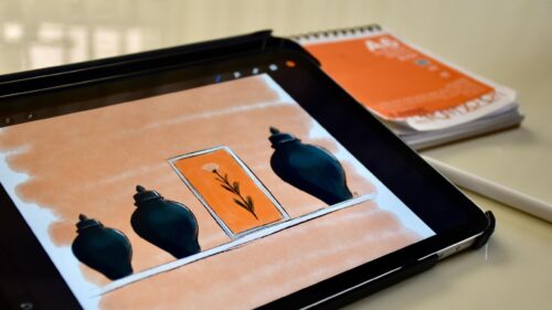 Minimalist Digital Art with Vases and Botanical Frame Desktop Wallpaper