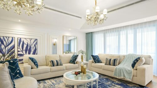 Elegant Modern Living Room with Blue and White Decor 4K Wallpaper