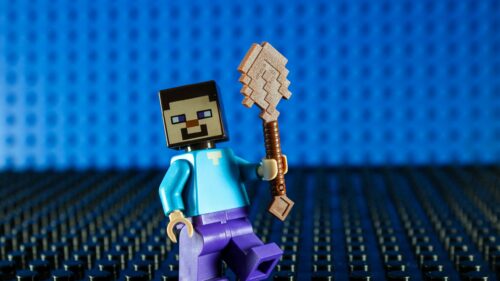 LEGO Steve Minecraft Character with Wood Shovel 4K Desktop Wallpaper