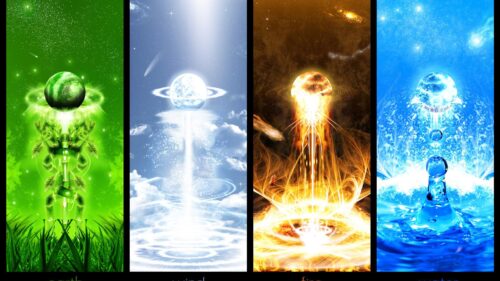Majestic Elemental Fusion of Fire Water Earth and Air 4K Desktop Wallpaper