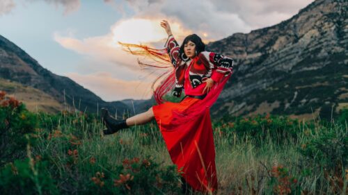 Woman Dancing in Red Dress at Sunset Mountain Landscape Desktop Wallpaper