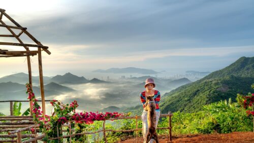 Serene Woman with Dog Above Misty Mountains 4K Desktop Wallpaper