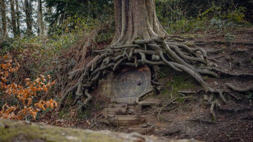 Enchanted Hobbit Hole Tree Root Door Fantasy Desktop Wallpaper