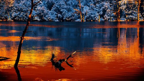 Vibrant Sunset River Reflections and Snowy Trees PC Wallpaper