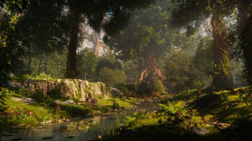 Enchanted Forest Stream with Ancient Trees 4K Desktop Wallpaper