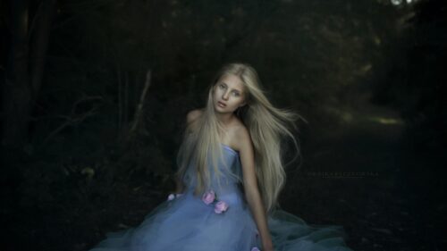 Ethereal Blonde Girl in Blue Floral Dress Fantasy Desktop Wallpaper