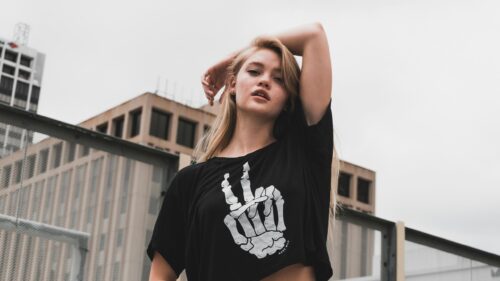 Edgy Blonde Girl with Skeleton Hand T-Shirt Urban Aesthetic 4K Wallpaper