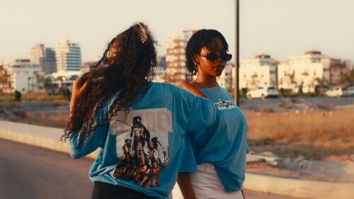Two Stylish Women in Blue T-Shirts Street Fashion Desktop Wallpaper