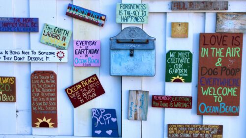 Quirky Ocean Beach Signs Art Collage 4K Desktop Wallpaper