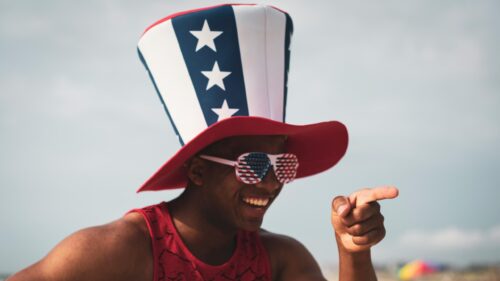 Patriotic Young Man Wearing Uncle Sam Hat and Sunglasses 4K Wallpaper