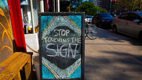 Funny Stop Touching The Sign Chalkboard Street Art 4K Wallpaper